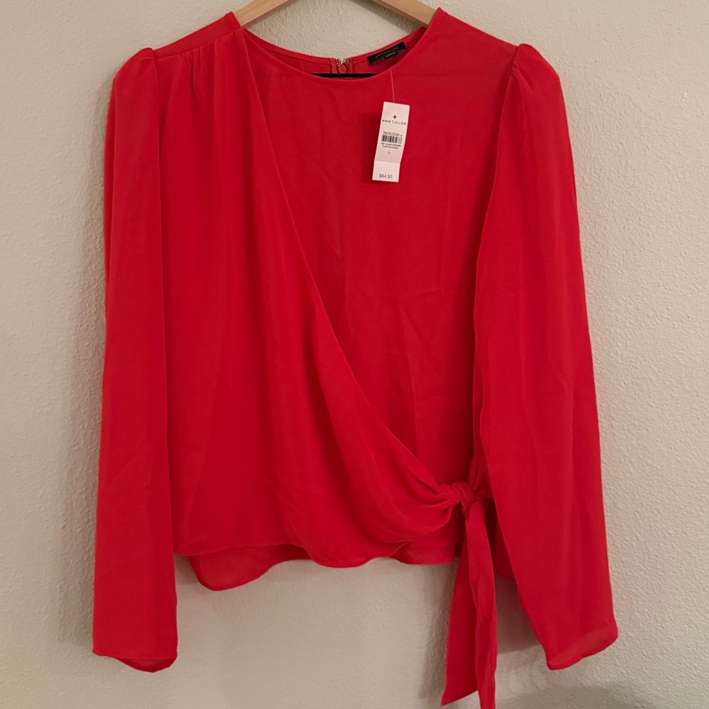 NWT Ann Taylor Wrap Tie Long Sleeve Blouse, Red – Size L